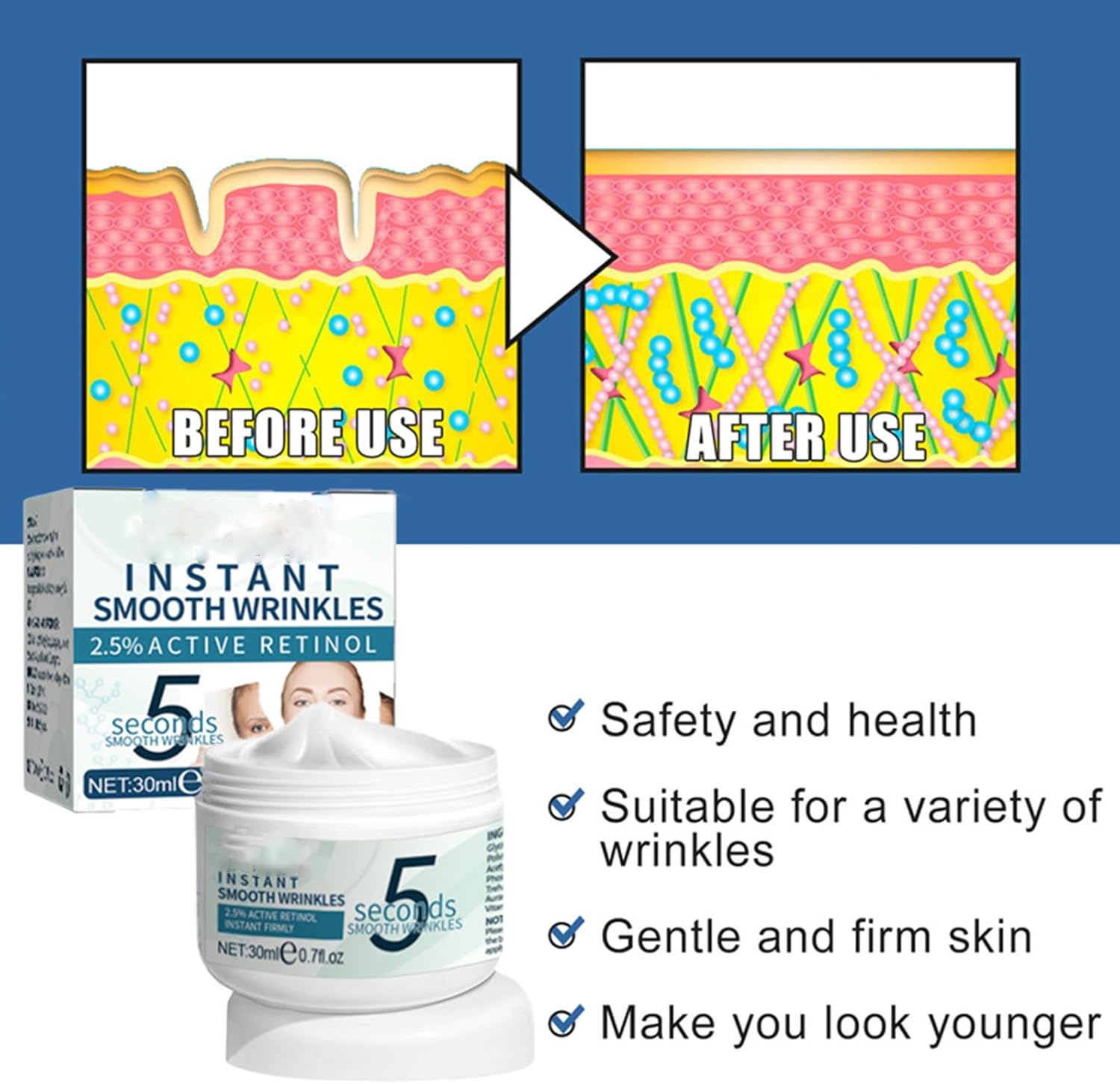 Anti-Wrinkle Cream With Retinol In 5 Seconds,Instant Wrinkle Removal Cream With Retinol,Anti-aging,Skin Suitable For All,30ML